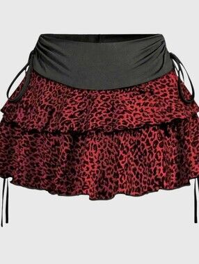 Maroon Leopard Tiered Ruffle Mini Skirt with Black Waist Tie